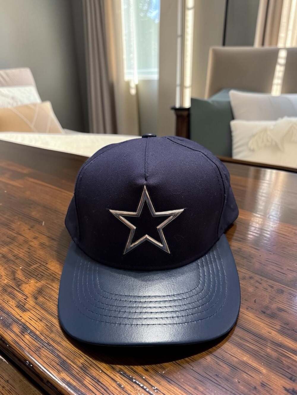 Black Eagle Navy Snapback Cap with Silver Star Logo and Faux Leather Visor